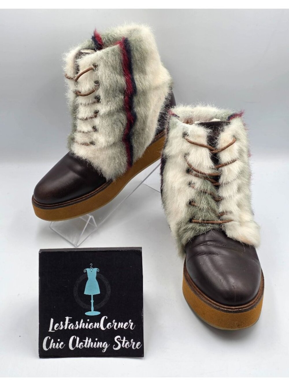 Australia Luxe Women’s Brown Leather Shearling Bundaburg Striped Boots Sz 6 3944